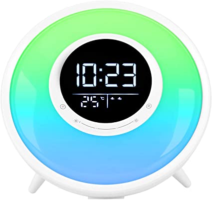 Sunrise Wake Up Light Alarm Clock, Sleep Sound Machine, FM Radio, 11 Colors Night Light with Sleep Timer /18 Sounds/Dual Alarm/Snooze/Child Lock/Temperature Display