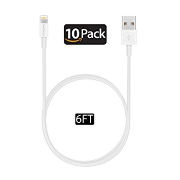 Lightning Charger Feel2Nice 10 pack 6FT Iphone USB Cables Data Sync Charging Cord 8 Pin to Charger for iPhone 7 / 7 Plus / 6 / 6s / 6 plus / 6s plus / iPhone 5 / 5s / 5c / iPad / iPod, White