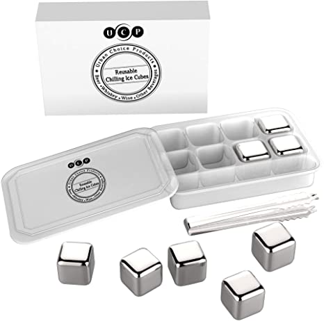 Whiskey Stones Stainless Steel Ice Cubes - Urban Choice Products Reusable Whisky Chilling Rocks Metal Ice - Set of 8 with Tongs and Freezer Storage Tray for Beer Wine Cooler