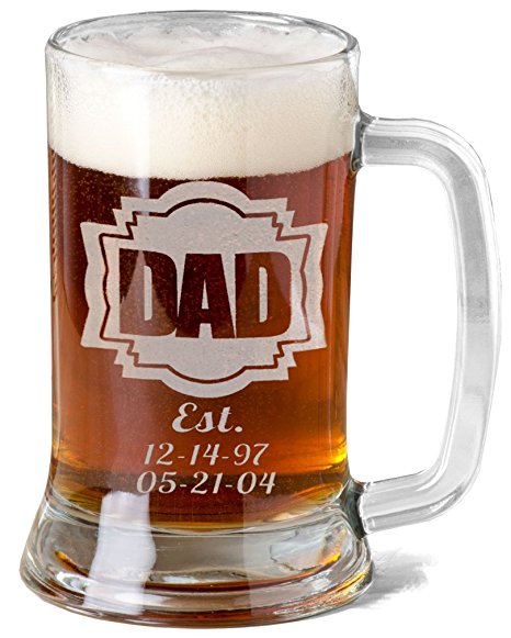 16 Oz Gift for Dad Fathers Day Engraved Glass Beer Mug Stein Personalized Est Kids Birth Dates Etched Daddy Father Grandpa