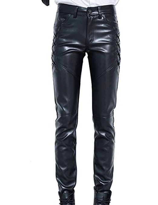 Idopy Men`s Black Slim Fit Soft PU Faux Leather Biker Pants