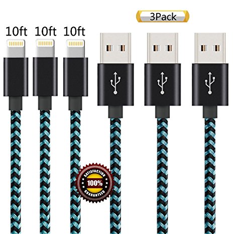 Suanna Lightning Cable, 3Pack 10FT Certified Nylon Braided Cord iPhone Cable Certified to USB Charging Cable for iPhone 7, 7 Plus, 6S, 6 , SE, 5S, 5, iPad Air/Mini, iPod Nano 7 (Green Black)