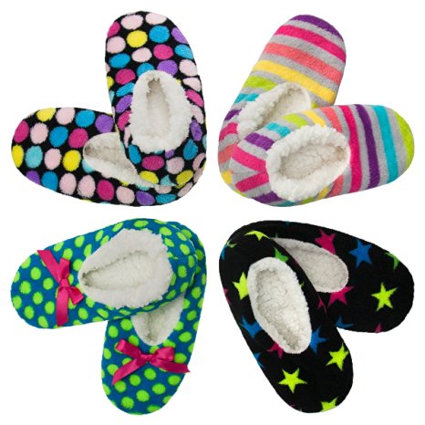 4pk Women's Warm & Cozy Feet Fuzzy Slippers Non-Slip Lined Socks Booties Indoor