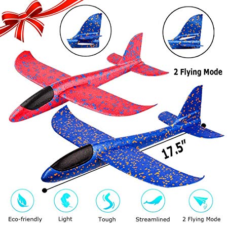 2 Pack Airplane Toy, 17.5" Large Throwing Foam Plane, Dual Flight Mode, Aeroplane Gliders, Flying Aircraft, Gifts for Kids, 3 4 5 6 7 Year Old Boy,Outdoor Sport Game Toys, Birthday Party Favors