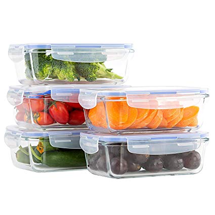 5 Piece Glass Container Food Storage Set with Lids - Food Prep Containers - Meal Prep Containers - Reusable Bento Lunch Box, BPA Free