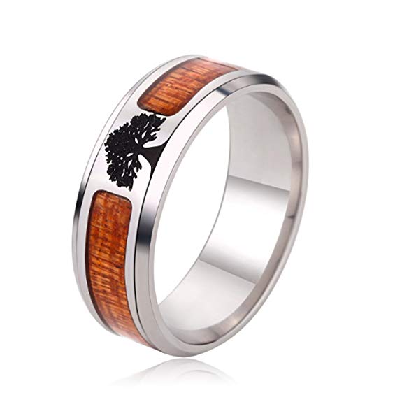 JAJAFOOK Black Flat Top Wedding Ring Living Tree Inlaid Men's Ring, Comfortable Design 6-13