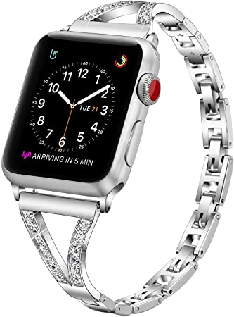 PUGO TOP Strap Replacement for Apple Watch Series 5 Series 4 40mm/44mm iWatch Series 3 2 1 38mm 42mm,Adjustable Bling Metal Band with Rhinestones for Apple Watch (38mm/40mm, Silver)