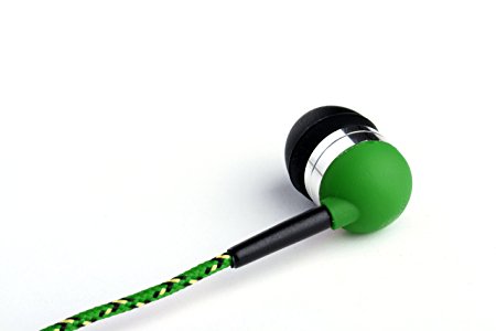 Tweedz Durable, Tangle-free Green Headphones - In-ear Earbuds with 100% Braided Fabric Wrapped Cords and Noise Isolating Ear Buds