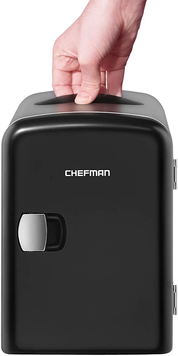 Chefman Portable Black Personal Mini Fridge Cools Or Heats & Provides Compact Storage For Skincare, Snacks or 6 x 350-ml Cans W/ a Lightweight 4-litre Capacity To Take On The Go