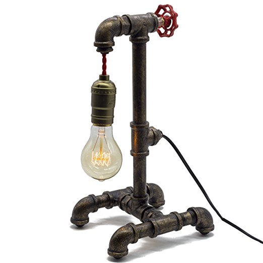 Y-Nut Loft Style Lamp, "Fisherman", Steampunk Industrial Vintage Style, Water Pipe Table Desk Light With Dimmer, Aged Rustic Metal (Black) QTF-TB01-BLK