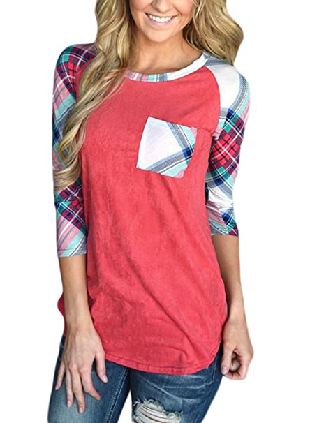 Podlily Womens O Neck Pocket Raglan 3 4 Sleeve Casual Plaid Blouses T Shirt Tops Pullover