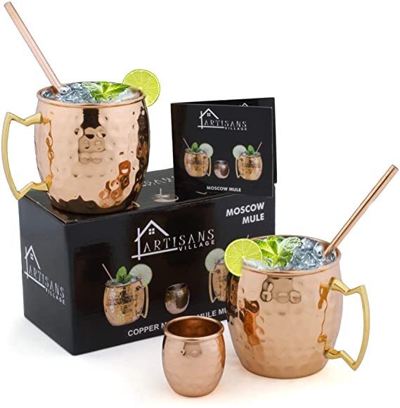 Moscow Mule Copper Mugs - Set of 2-16 oz 2 Cocktail Copper Straws and 1 Shot Glass (Pure Copper)
