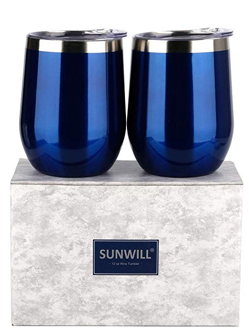 SUNWILL Insulated Wine Tumbler with Lid Glass Blue 2 pack, Double Wall Stainless Steel Stemless Insulated Wine Glass 12oz, Durable Insulated Coffee Mug, for Champaign, Cocktail, Beer, Office