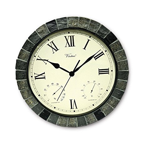 15" Battery Operated Faux Stone Large Print Roman Numeral Outdoor Clock, Thermometer and Hygrometer