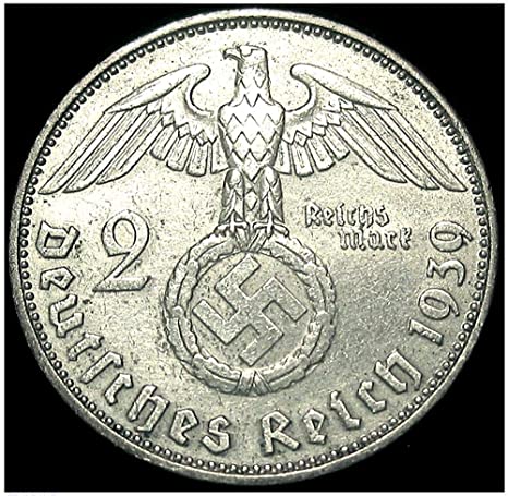 1939 DE RARE ORIG NAZI SILVER COIN w SWASTIKA/HINDENBURG! GUARANTEED WW2 DATE! IN STRONG DEMAND - ORDER NOW! 2 SILVER MARKS AU or BETTER