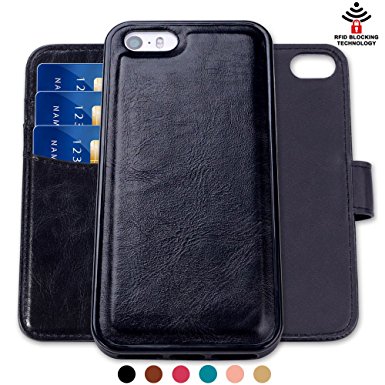 iPhone SE Wallet Case iPhone 5s Case SHANSHUI Detachable 2in1 RFID Blocking Leather Wallet Holsters with Three Rfid Card Holders and One Cash Pocket with Slim Back Cover for iPhone SE/5 and 5S-Black