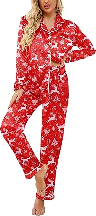 Ekouaer Women's Classic Button Down Long Satin Silk Pajama Set