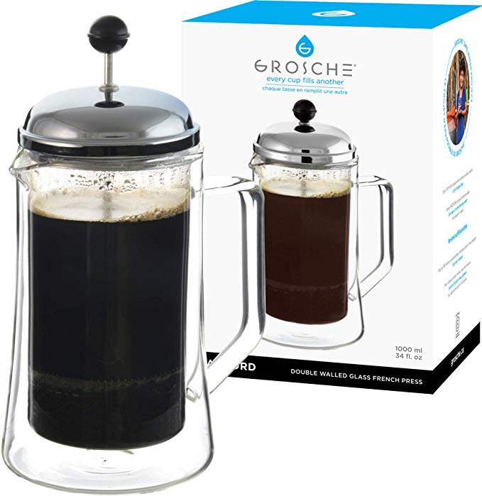GROSCHE Stanford Double Walled Glass French Press Coffee Maker 34 fl oz, 1000 ml, 8 demitasse cup Insulated French Press, Glass coffee press, Glass cafetiere