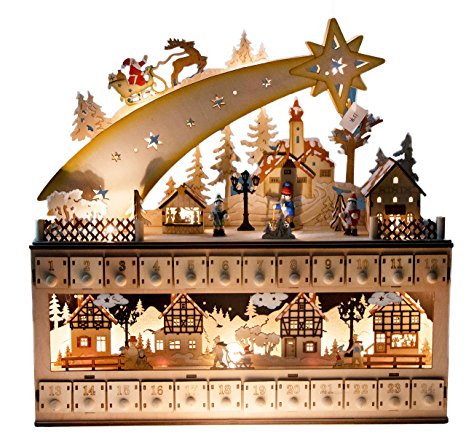 Shooting Star Snowy Village 24 Day Advent Calendar by Clever Creations | Premium Christmas Décor | Painted Characters | 100% Wood Construction | Cute Holiday Decoration | Measures 17” x 4” x 17.25”