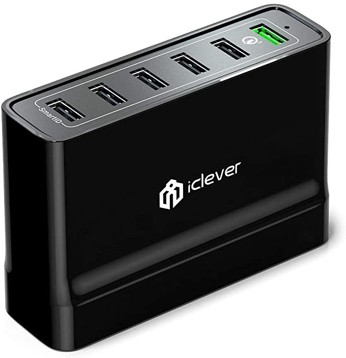 iClever USB Wall Charger,60W 6 Port Desktop Charging Station Quick Charge 3.0 Fast Charger for Samsung Galaxy S9 S10 Plus S8 S7 S6 Edge Note 8,iPhone XS Max XR X 8 7 6S 6 Plus,iPad Pro Air mini,LG V30