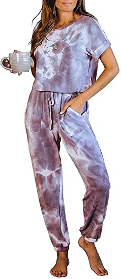 Dressmine Womens Tie Dye Printed Long Pajamas Keyhole Short Sleeve Jumpsuit PJ Sets Loungewear Sleepwear
