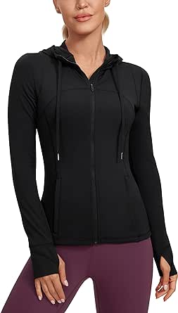 CRZ YOGA Butterluxe Womens Hooded Workout Jacket - Zip Up Athletic Running Jacket with Back Mesh Vent & Thumb Holes