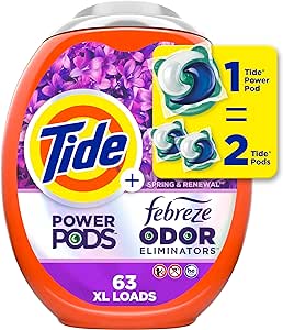 Tide Power Pods Laundry Detergent Pacs with Febreze, 63 Count, Spring & Renewal Scent, Febreze Freshness with Odor Eliminators