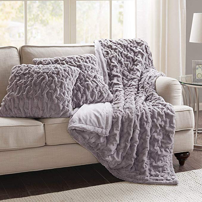 Comfort Spaces Faux Fur Throw Blanket Set – Fluffy Plush Blankets for Couch and Bed – Lavender Size 50" x 60" with 2 Square Pillow Covers 20" x 20"