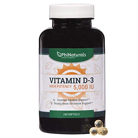Phi Naturals Vitamin D3 5000 IU - Cholecalciferol from Lanolin - Sunshine Vitamin for Immune and Mood Support - [240 Easy-To-Swallow Softgels]