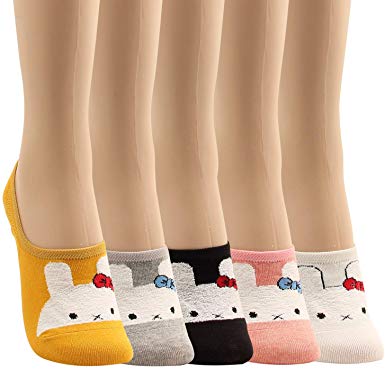 WOWFOOT Women Animal Design No-Show Casual Liner Socks Character Print Non Slip Flat Boat Line 4 Pair