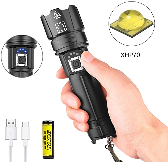 BESTSUN LED Torch Rechargeable, XHP70.2 Tactical Torches LED Super Bright 6000 Lumens Powerful Flashlight Zoomable Hand Torch for Camping Fishing Hunting(Battery Included) (XHP70.2 LED Torch)