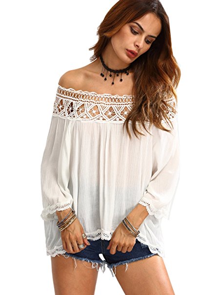 ROMWE Women's Off Shoulder Boat Neck Blouse Half Sleeve Lace T-Shirt