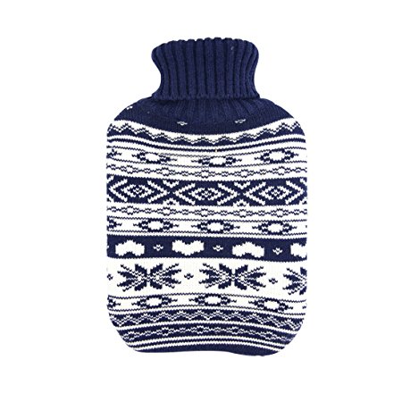Large 2 Liter Soft Cute Hot Water Bottle Knit Cover - ONLY Cover (2 L, Blue with Blue Snowflake)