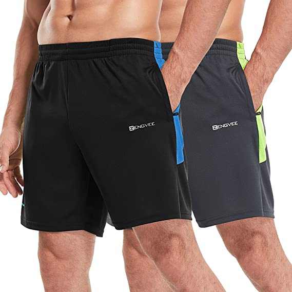 ZENGVEE Men’s 2 Pack Running Shorts Gym Athletic Shorts with Zip Pockets Quick Dry 7”for Jogger,Trainning,Workout