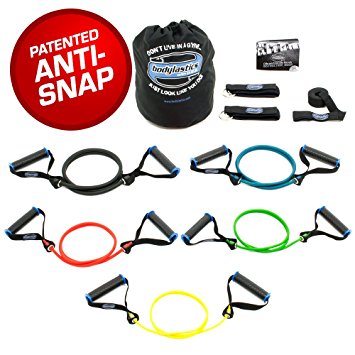 CLEARANCE!! Bodylastics 10 PCS PREMIUM HEAVY DUTY Handle Resistance Bands Set. Includes 5 Best Quality ANTI-SNAP HANDLE Bands, Heavy Duty Components and user book