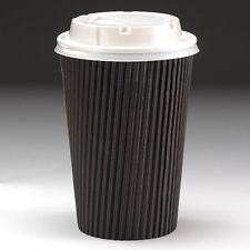 50 Disposable Ripple Paper Coffee Cups with lids 12 oz Black cup with White Lid by Eaze