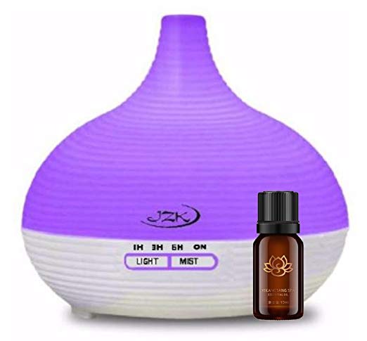 Aroma Essential Oil Diffuser Ultrasonic Cool Mist Humidifier 300 ml with 4 Timer Settings, 7 LED Color Changing Light Options, Sample Oil, Auto Shut-Off & 10  Hours Continuous Diffusing by JZK
