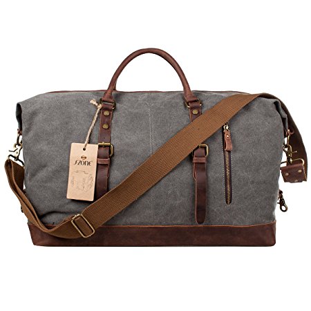 S-ZONE Oversized Canvas Leather Trim Duffel shoulder handbag Weekend Bag (Gray)