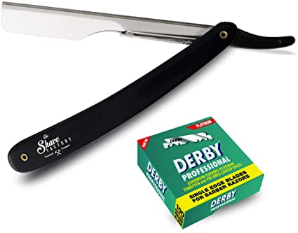 Cut Throat Shaving Set from Shaving Factory with a Straight Razor and 100 Derby Professional Single Edge Razor Blades