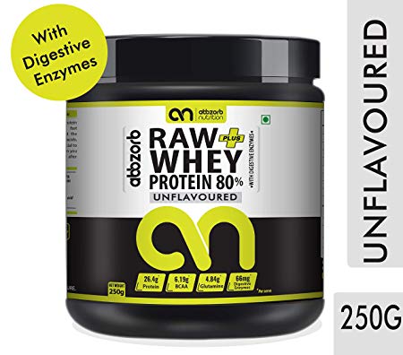 Abbzorb Nutrition Beginners Raw plus Whey Protein 80% with Digestive Enzymes Trial Pack- (Unflavoured)- 250g-