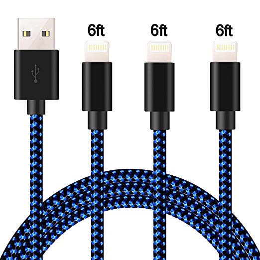 iPhone Charger MFI Certified Lightning Cable Fast Nylon Braided iPhone Cable 3 Pack 6FT Lightning Charging Cable USB iPhone Cord Compatible iPhone XS/Max/XR/X/8P/8/7P/6S/iPad/iPod/IOS (Blue & Black)