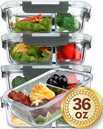 [5-Packs,36 Oz]Glass Meal Prep Containers 2 Compartments Portion Control with Upgraded Snap Locking Lids Glass Food Storage Containers BPA-Free, Microwave, Oven, Freezer and Dishwasher Safe (4.5 Cups)