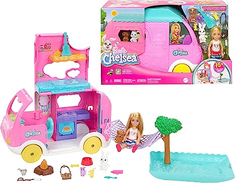 Barbie New 2023 Camper, Chelsea 2-in-1 Playset with Small Doll, 2 Pets & 15 Accessories, Vehicle Transforms into Camp Site [Amazon Exclusive]