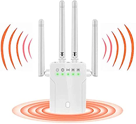 BRIONAC WiFi Range Extender, 1200Mbps Wireless Signal Repeater Booster, Dual Band 2.4G and 5G Expander, 4 Antennas 360° Full Coverage, Extend WiFi Signal to Smart Home & Alexa Devices（B01）