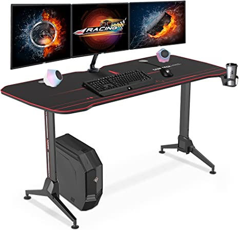 SANODESK Bureau Gaming 160x73cm Bureau Gamer LED avec Tapis de Souris Intégral, Porte-gobelet, Crochet pour Casque et Gestion du Cordon, Noir,GD01