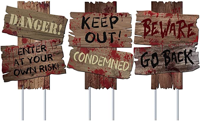 GABOSS Halloween Decorations Beware Signs Yard Stakes Outdoor Creepy Assorted Warning Sign,Scary Zombie Theme Party Decor Supplies,3 Pieces,16.5" x 12.2"