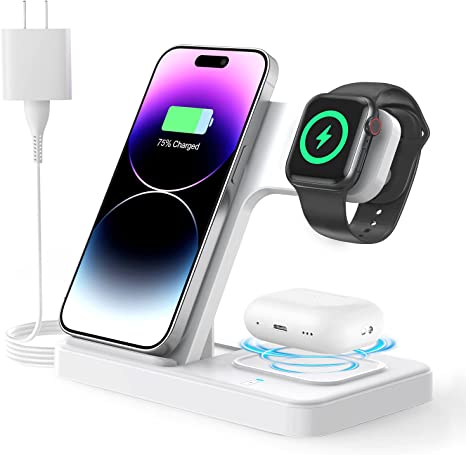 Charging Station, Wireless Charger Stand 3 in 1, Fast Wireless Charging Station for iPhone 14/13/12/11/Pro/Max/Plus/XS/XR/X/8, Apple Watch 8/7/6/5/4/3/2/SE & AirPods