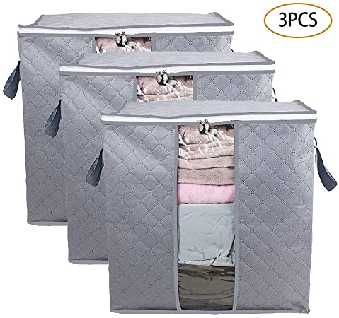 3 Pack Foldable Duvet Storage Bag Organizers Breathable Waterproof Anti-Mold Moisture Proof Large Capacity Storage Boxes with Clear Window Carry Handles for Clothes, Comforters, Blankets, Bedding