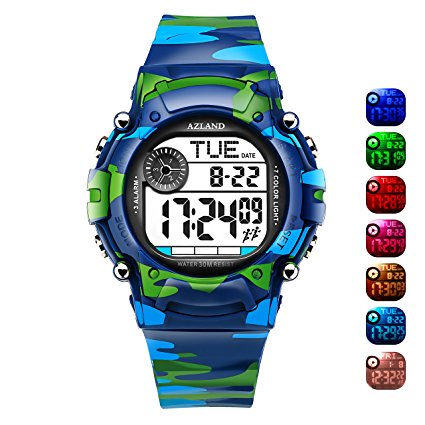 AZLAND 7 Colors Flashing, 3 Multiple Alarms Reminder Sports Kids Wristwatch Waterproof Boys Girls Digital Watches Camo
