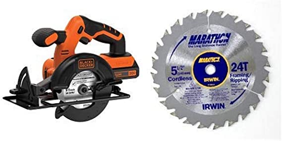 BLACK DECKER BDCCS20C 20V Max Cordless Circular Saw with IRWIN Tools MARATHON Carbide Cordless Circular Saw Blade 5 1/2-Inch 18T Carded (14011)